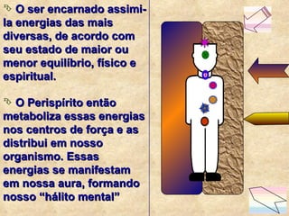 O ser encarnado assimi-la energias das mais diversas, de acordo com seu estado de maior ou menor equilíbrio, físico e espiritual. O Perispírito então metaboliza essas energias nos centros de força e as distribui em nosso organismo. Essas energias se manifestam em nossa aura, formando nosso “hálito mental” 