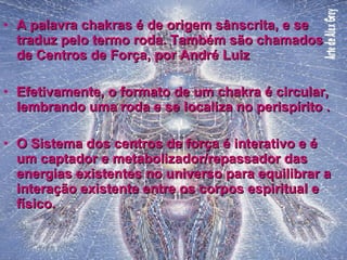 A palavra chakras é de origem sânscrita, e se traduz pelo termo roda. Também são chamados de Centros de Força, por André Luiz Efetivamente, o formato de um chakra é circular, lembrando uma roda e se localiza no perispírito . O Sistema dos centros de força é interativo e é um captador e metabolizador/repassador das energias existentes no universo para equilibrar a interação existente entre os corpos espiritual e físico. 