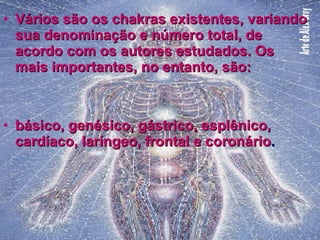 Vários são os chakras existentes, variando sua denominação e número total, de acordo com os autores estudados. Os mais importantes, no entanto, são: básico, genésico, gástrico, esplênico, cardíaco, laríngeo, frontal e coronário . 