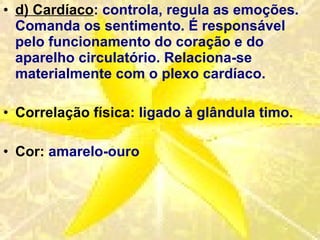 d) Cardíaco : controla, regula as emoções. Comanda os sentimento. É responsável pelo funcionamento do coração e do aparelho circulatório. Relaciona-se materialmente com o plexo cardíaco. Correlação física : ligado à glândula timo.  Cor:  amarelo-ouro 