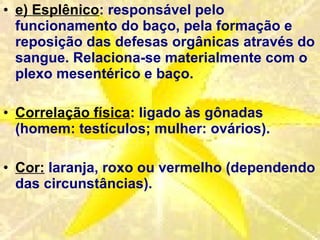 e) Esplênico : responsável pelo funcionamento do baço, pela formação e reposição das defesas orgânicas através do sangue. Relaciona-se materialmente com o plexo mesentérico e baço. Correlação física : ligado às gônadas (homem: testículos; mulher: ovários).  Cor:  laranja, roxo ou vermelho (dependendo das circunstâncias). 