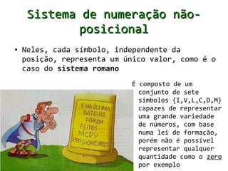 Sistema de numeração não-
             posicional
●   Neles, cada símbolo, independente da
    posição, representa um único valor, como é o
    caso do sistema romano
                            É composto de um
                              conjunto de sete
                              símbolos {I,V,L,C,D,M}
                              capazes de representar
                              uma grande variedade
                              de números, com base
                              numa lei de formação,
                              porém não é possível
                              representar qualquer
                              quantidade como o zero
                              por exemplo
 