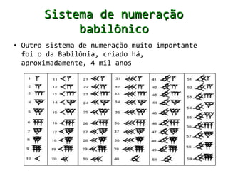 Sistema de numeração
              babilônico
●   Outro sistema de numeração muito importante
    foi o da Babilônia, criado há,
    aproximadamente, 4 mil anos
 