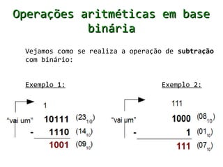 Operações aritméticas em base
           binária
 Vejamos como se realiza a operação de subtração
 com binário:


 Exemplo 1:                        Exemplo 2:
 