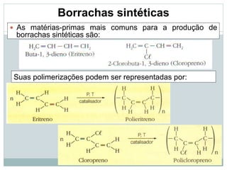 Borrachas sintéticas
— As matérias-primas mais comuns para a produção de
borrachas sintéticas são:
Suas polimerizações podem ser representadas por:
 