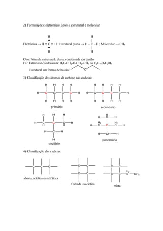 2) Formulações: eletrônica (Lewis), estrutural e molecular


                  H                               H
                  ••                              |
Eletrônica → H •• C •• H ; Estrutural plana → H – C – H ; Molecular → CH4
                  ••                              |
                  H                               H

Obs: Fórmula estrutural: plana, condensada ou bastão
Ex: Estrutural condensada: H3C-CH2-O-CH2-CH3 ou C2H5-O-C2H5

    Estrutural em forma de bastão:

3) Classificação dos átomos de carbono nas cadeias:

                    H      H        H       H               H        H        H        H

            H       C      C        C       C   H   H       C        C        C        C       H

                    H      H        H       H               H        H        H        H
                          primário                                  secundário

                H          H            H                                H
                                                                H        C        H

        H       C          C            C   H                   H2                H2
                H                       H               H       C        C        C        H

                H          C        H
                                                                H        CH        H

                           H                                         quaternário
                        terciário

4) Classificação das cadeias:
 