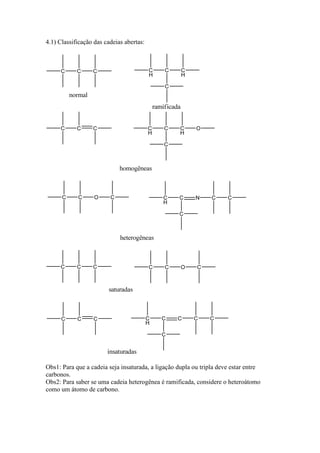 4.1) Classificação das cadeias abertas:




Obs1: Para que a cadeia seja insaturada, a ligação dupla ou tripla deve estar entre
carbonos.
Obs2: Para saber se uma cadeia heterogênea é ramificada, considere o heteroátomo
como um átomo de carbono.
 