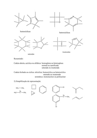 Resumindo:

Cadeia aberta, acíclica ou alifática: homogênea ou heterogênea
                                      normal ou ramificada
                                      saturada ou insaturada

Cadeia fechada ou cíclica: alicíclica: homocíclica ou heterocíclica
                                       saturada ou insaturada
                           aromática: mononuclear ou polinuclear

5) Simplificação de representação:
 