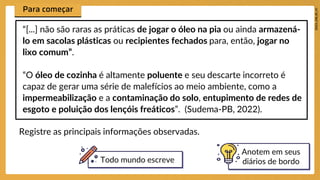 “[...] não são raras as práticas de jogar o óleo na pia ou ainda armazená-
lo em sacolas plásticas ou recipientes fechados para, então, jogar no
lixo comum”.
“O óleo de cozinha é altamente poluente e seu descarte incorreto é
capaz de gerar uma série de malefícios ao meio ambiente, como a
impermeabilização e a contaminação do solo, entupimento de redes de
esgoto e poluição dos lençóis freáticos”. (Sudema-PB, 2022).
Registre as principais informações observadas.
Anotem em seus
diários de bordo
Todo mundo escreve
 