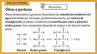 Óleos (insaturados) e gorduras (saturadas) são substâncias insolúveis em
água (hidrofóbicas), formadas, predominantemente, por ésteres de
triacilgliceróis, produtos resultantes da esterificação entre o glicerol e
ácidos graxos. Sua composição depende da origem e do tipo da matéria-
prima.
Óleos e gorduras
Glicerol Ácidos graxos Triacilglicerol
Retomando...
 