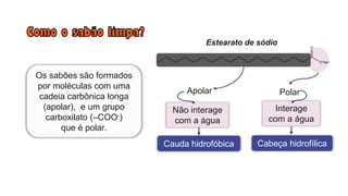 Os sabões são formados
por moléculas com uma
cadeia carbônica longa
(apolar), e um grupo
carboxilato (–COO-)
que é polar.
Estearato de sódio
Polar
Apolar
Não interage
com a água
Interage
com a água
Cauda hidrofóbica Cabeça hidrofílica
 