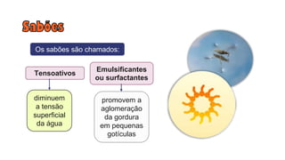 Tensoativos
Os sabões são chamados:
diminuem
a tensão
superficial
da água
Emulsificantes
ou surfactantes
promovem a
aglomeração
da gordura
em pequenas
gotículas
 