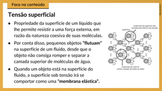 ● Propriedade da superfície de um líquido que
lhe permite resistir a uma força externa, em
razão da natureza coesiva de suas moléculas.
● Por conta disso, pequenos objetos “flutuam”
na superfície de um fluido, desde que o
objeto não consiga romper e separar a
camada superior de moléculas de água.
● Quando um objeto está na superfície do
fluido, a superfície sob tensão irá se
comportar como uma "membrana elástica“.
Tensão superficial
 