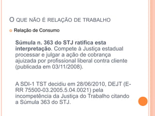 O QUE NÃO É RELAÇÃO DE TRABALHO
 Relação de Consumo
Súmula n. 363 do STJ ratifica esta
interpretação. Compete à Justiça estadual
processar e julgar a ação de cobrança
ajuizada por profissional liberal contra cliente
(publicada em 03/11/2008).
A SDI-1 TST decidiu em 28/06/2010, DEJT (E-
RR 75500-03.2005.5.04.0021) pela
incompetência da Justiça do Trabalho citando
a Súmula 363 do STJ.
 