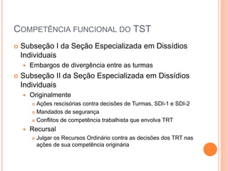 COMPETÊNCIA FUNCIONAL DO TST
 Subseção I da Seção Especializada em Dissídios
Individuais
 Embargos de divergência entre as turmas
 Subseção II da Seção Especializada em Dissídios
Individuais
 Originalmente
 Ações rescisórias contra decisões de Turmas, SDI-1 e SDI-2
 Mandados de segurança
 Conflitos de competência trabalhista que envolva TRT
 Recursal
 Julgar os Recursos Ordinário contra as decisões dos TRT nas
ações de sua competência originária
 