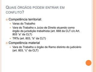 QUAIS ÓRGÃOS PODEM ENTRAR EM
CONFLITO?
 Competência territorial:
 Varas do Trabalho
 Vara do Trabalho x Juízo de Direito atuando como
órgão da jurisdição trabalhista (art. 668 da CLT c/c Art.
803 “a” da CLT)
 TRTs (art. 803, “b” da CLT)
 Competência material
 Vara do Trabalho x órgão de Ramo distinto do judiciário
(art. 803, “c” da CLT)
 