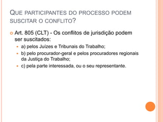 QUE PARTICIPANTES DO PROCESSO PODEM
SUSCITAR O CONFLITO?
 Art. 805 (CLT) - Os conflitos de jurisdição podem
ser suscitados:
 a) pelos Juízes e Tribunais do Trabalho;
 b) pelo procurador-geral e pelos procuradores regionais
da Justiça do Trabalho;
 c) pela parte interessada, ou o seu representante.
 