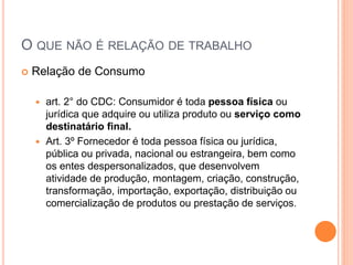 O QUE NÃO É RELAÇÃO DE TRABALHO
 Relação de Consumo
 art. 2° do CDC: Consumidor é toda pessoa física ou
jurídica que adquire ou utiliza produto ou serviço como
destinatário final.
 Art. 3º Fornecedor é toda pessoa física ou jurídica,
pública ou privada, nacional ou estrangeira, bem como
os entes despersonalizados, que desenvolvem
atividade de produção, montagem, criação, construção,
transformação, importação, exportação, distribuição ou
comercialização de produtos ou prestação de serviços.
 