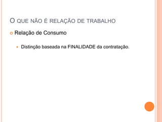 O QUE NÃO É RELAÇÃO DE TRABALHO
 Relação de Consumo
 Distinção baseada na FINALIDADE da contratação.
 