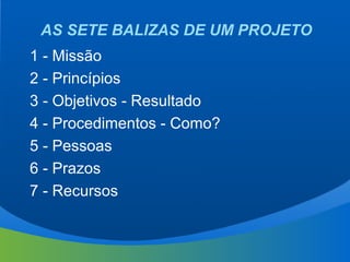 AS SETE BALIZAS DE UM PROJETO
1 - Missão
2 - Princípios
3 - Objetivos - Resultado
4 - Procedimentos - Como?
5 - Pessoas
6 - Prazos
7 - Recursos
 