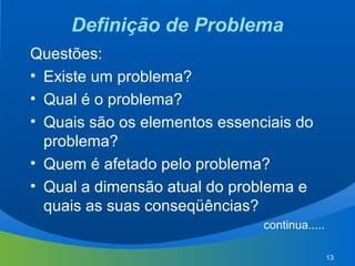 13
Definição de Problema
Questões:
• Existe um problema?
• Qual é o problema?
• Quais são os elementos essenciais do
problema?
• Quem é afetado pelo problema?
• Qual a dimensão atual do problema e
quais as suas conseqüências?
continua.....
 