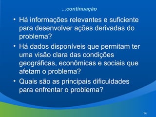 14
...continuação
• Há informações relevantes e suficiente
para desenvolver ações derivadas do
problema?
• Há dados disponíveis que permitam ter
uma visão clara das condições
geográficas, econômicas e sociais que
afetam o problema?
• Quais são as principais dificuldades
para enfrentar o problema?
 