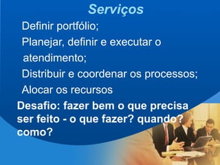 6
Serviços
Definir portfólio;
Planejar, definir e executar o
atendimento;
Distribuir e coordenar os processos;
Alocar os recursos
Desafio: fazer bem o que precisa
ser feito - o que fazer? quando?
como?
 