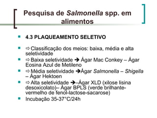 Pesquisa de Salmonella spp. em
alimentos
 4.3 PLAQUEAMENTO SELETIVO
 Classificação dos meios: baixa, média e alta
seletividade
 Baixa seletividade  Ágar Mac Conkey – Ágar
Eosina Azul de Metileno
 Média seletividade Ágar Salmonella – Shigella
– Ágar Hektoen
 Alta seletividade –Ágar XLD (xilose lisina
desoxicolato)– Ágar BPLS (verde brilhante-
vermelho de fenol-lactose-sacarose)
 Incubação 35-37°C/24h
 
