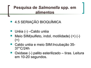 Pesquisa de Salmonella spp. em
alimentos
 4.5 SERIAÇÃO BIOQUÍMICA
 Uréia (-) –Caldo uréia
 Meio SIM(sulfeto, indol, motilidade) (+) (-)
(+)
 Caldo uréia e meio SIM:Incubação 35-
37°C/24h
 Oxidase (-) palito esterilizado – tiras. Leitura
em 10-20 segundos.
 
