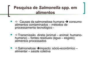 Pesquisa de Salmonella spp. em
alimentos
  Causas da salmonelose humana  consumo
alimentos contaminados – métodos de
processamento tecnológico -
 Transmissão direta (animal – animal; humano-
humano) – fontes residuais (água – esgoto);
alimentos processados
 Salmonelose impacto: sócio-econômico –
alimentar – saúde coletiva
 