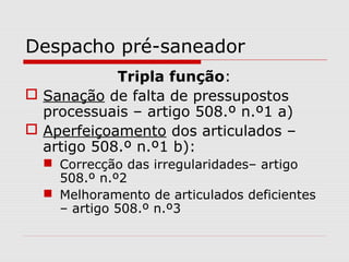 Despacho pré-saneador
Tripla função:
 Sanação de falta de pressupostos
processuais – artigo 508.º n.º1 a)
 Aperfeiçoamento dos articulados –
artigo 508.º n.º1 b):
 Correcção das irregularidades– artigo
508.º n.º2
 Melhoramento de articulados deficientes
– artigo 508.º n.º3
 