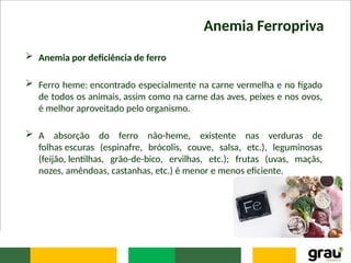 Anemia Ferropriva
 Anemia por deficiência de ferro
 Ferro heme: encontrado especialmente na carne vermelha e no fígado
de todos os animais, assim como na carne das aves, peixes e nos ovos,
é melhor aproveitado pelo organismo.
 A absorção do ferro não-heme, existente nas verduras de
folhas escuras (espinafre, brócolis, couve, salsa, etc.), leguminosas
(feijão, lentilhas, grão-de-bico, ervilhas, etc.); frutas (uvas, maçãs,
nozes, amêndoas, castanhas, etc.) é menor e menos eficiente.
 
