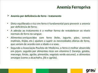Anemia Ferropriva
 Anemia por deficiência de ferro - tratamento
• Dieta equilibrada e rica em ferro é fundamental para prevenir a anemia
por deficiência de ferro;
• A adesão ao tratamento é a melhor forma de restabelecer os níveis
normais de ferro no sangue;
• Alimentos enriquecidos com ferro (leite, iogurte, pães, cereais
matinais, feijão, etc.) ajudam a suprir as necessidades diárias de ferro,
que variam de acordo com a idade e o sexo;
• Segundo a Associação Paulista de Medicina, o ferro é melhor absorvido
em jejum, seguido por alimentos ricos em vitamina C (laranja, goiaba,
morango, limão, agrião, pimentão, vegetais verde escuros), e alimentos
amargos (como a alcachofra, jiló e agrião).
 