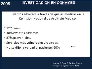 Eventos adversos a través de quejas médicas en la
Comisión Nacional de Arbitraje Médico.
 127 casos
 30% eventos adverso...