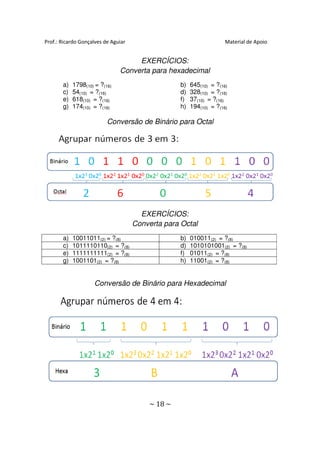 Prof.: Ricardo Gonçalves de Aguiar                                    Material de Apoio


                                    EXERCÍCIOS:
                               Converta para hexadecimal
       a)   1798(10) = ?(16)                       b)   645(10) = ?(16)
       c)   54(10) = ?(16)                         d)   328(10) = ?(16)
       e)   618(10) = ?(16)                        f)   37(10) = ?(16)
       g)   174(10) = ?(16)                        h)   194(10) = ?(16)

                          Conversão de Binário para Octal




                                       EXERCÍCIOS:
                                     Converta para Octal
       a)   10011011(2) = ?(8)                     b)   010011(2) = ?(8)
       c)   1011110110(2) = ?(8)                   d)   1010101001(2) = ?(8)
       e)   1111111111(2) = ?(8)                   f)   01011(2) = ?(8)
       g)   1001101(2) = ?(8)                      h)   11001(2) = ?(8)


                    Conversão de Binário para Hexadecimal




                                         ~ 18 ~
 