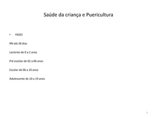 Saúde da criança e Puericultura
• FASES
RN até 28 dias
Lactente de 0 a 2 anos
Pré escolar de 02 a 06 anos
Escolar de 06 a 10 anos
Adolescente de 10 a 19 anos
3
 