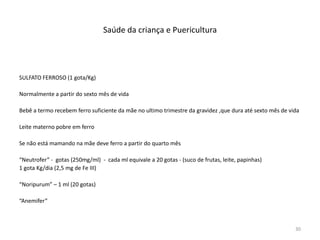 Saúde da criança e Puericultura
SULFATO FERROSO (1 gota/Kg)
Normalmente a partir do sexto mês de vida
Bebê a termo recebem ferro suficiente da mãe no ultimo trimestre da gravidez ,que dura até sexto mês de vida
Leite materno pobre em ferro
Se não está mamando na mãe deve ferro a partir do quarto mês
“Neutrofer” - gotas (250mg/ml) - cada ml equivale a 20 gotas - (suco de frutas, leite, papinhas)
1 gota Kg/dia (2,5 mg de Fe III)
“Noripurum” – 1 ml (20 gotas)
“Anemifer”
30
 