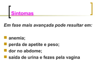 Sintomas 
Em fase mais avançada pode resultar em: 
 anemia; 
 perda de apetite e peso; 
 dor no abdome; 
 saída de urina e fezes pela vagina 
 