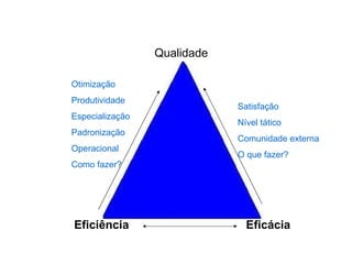 Eficácia Eficiência Qualidade Otimização Produtividade Especialização Padronização Operacional Como fazer? Satisfação Nível tático Comunidade externa O que fazer? 
