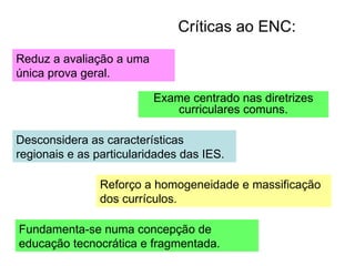 Críticas ao ENC:  Reduz a avaliação a uma única prova geral. Exame centrado nas diretrizes curriculares comuns. Desconsidera as características regionais e as particularidades das IES. Reforço a homogeneidade e massificação dos currículos. Fundamenta-se numa concepção de educação tecnocrática e fragmentada. 