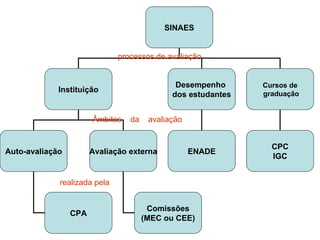 Âmbitos  da  avaliação processos de avaliação realizada pela SINAES Instituição Desempenho  dos estudantes Auto-avaliação ENADE Avaliação externa CPA Comissões (MEC ou CEE) Cursos de graduação CPC IGC 