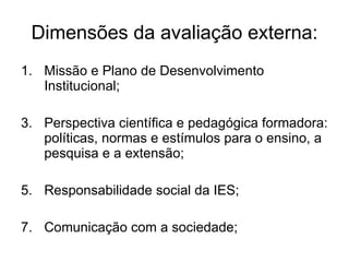 Dimensões da avaliação externa: Missão e Plano de Desenvolvimento Institucional; Perspectiva científica e pedagógica formadora: políticas, normas e estímulos para o ensino, a pesquisa e a extensão; Responsabilidade social da IES; Comunicação com a sociedade; 
