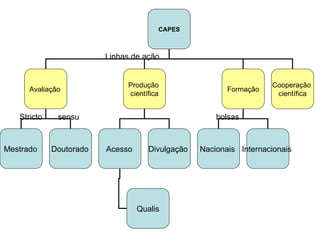 Linhas de ação Stricto  sensu bolsas CAPES Avaliação  Produção  científica Formação Cooperação  científica Mestrado   Doutorado   Acesso   Divulgação  Qualis Nacionais  Internacionais  