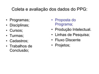 Coleta e avaliação dos dados do PPG: Programas;  Disciplinas; Cursos;  Turmas; Cadastros;  Trabalhos de Conclusão; Proposta do Programa;  Produção Intelectual. Linhas de Pesquisa;  Fluxo Discente Projetos; 