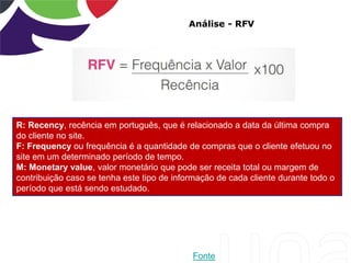 Análise - RFV
R: Recency, recência em português, que é relacionado a data da última compra
do cliente no site.
F: Frequency ou frequência é a quantidade de compras que o cliente efetuou no
site em um determinado período de tempo.
M: Monetary value, valor monetário que pode ser receita total ou margem de
contribuição caso se tenha este tipo de informação de cada cliente durante todo o
período que está sendo estudado.
Fonte
 