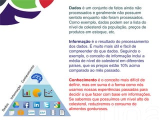 Dados é um conjunto de fatos ainda não
processados e geralmente não possuem
sentido enquanto não foram processados.
Como exemplo, dados podem ser a lista do
nível de colesterol da população, preços de
produtos em estoque, etc.
Informação é o resultado do processamento
dos dados. É muito mais útil e fácil de
compreender do que dados. Seguindo o
exemplo, o conceito de informação inclui a
média de nível de colesterol em diferentes
países, que os preços estão 10% acima
comparado ao mês passado.
Conhecimento é o conceito mais difícil de
definir, mas em suma é a forma como nós
usamos nossas experiências passadas para
decidir o que fazer com base em informações.
Se sabemos que possuímos um nível alto de
colesterol, reduziremos o consumo de
alimentos gordurosos.
 