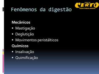 Fenômenos da digestão

Mecânicos
 Mastigação
 Deglutição
 Movimentos peristálticos
Químicos
 Insalivação
 Quimificação
 