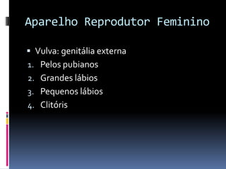 Aparelho Reprodutor Feminino

 Vulva: genitália externa
1. Pelos pubianos
2. Grandes lábios
3. Pequenos lábios
4. Clitóris
 