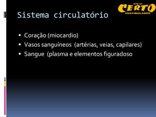 Sistema circulatório

 Coração (miocardio)
 Vasos sanguíneos (artérias, veias, capilares)
 Sangue (plasma e elementos figurados0
 
