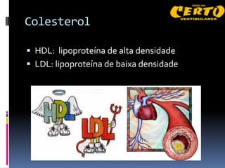 Colesterol

 HDL: lipoproteína de alta densidade
 LDL: lipoproteína de baixa densidade
 